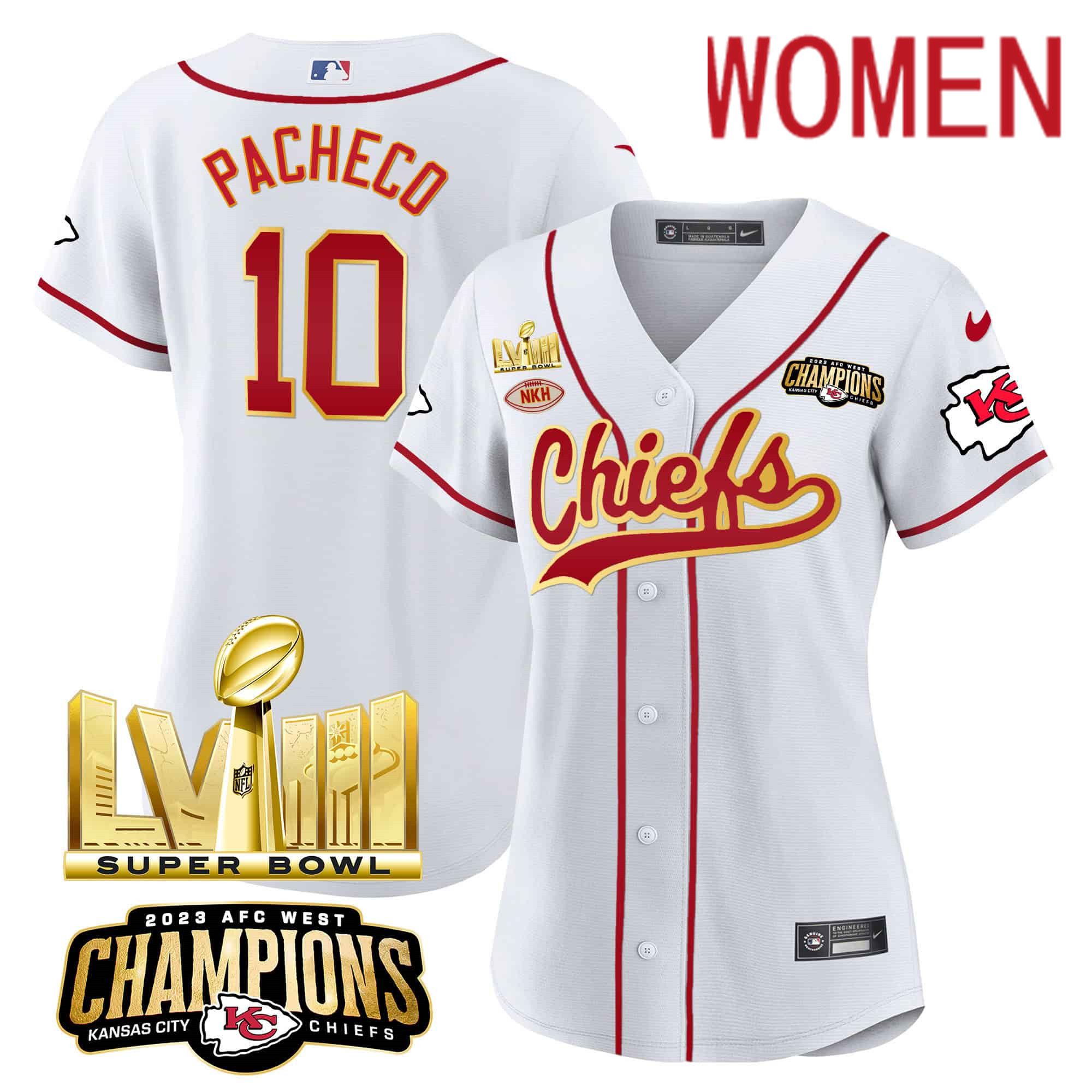 Women Kansas City Chiefs #10 Pacheco White 2024 Nike Super Bowl LVIII Back-2-Back Gold Patch Baseball NFL Jersey